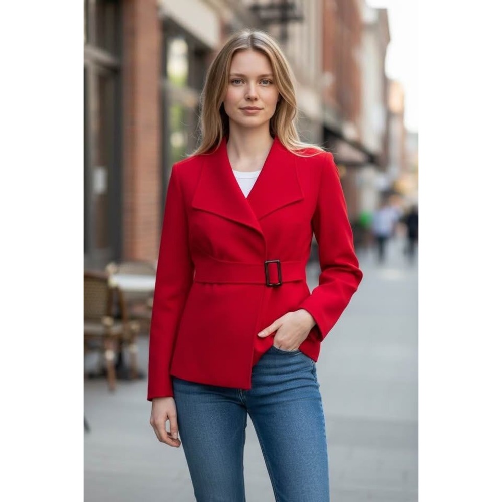 Tahari Arthur S. Levine Red Belted‎ Blazer Jacket Petite 12P Dalmatian Lining
